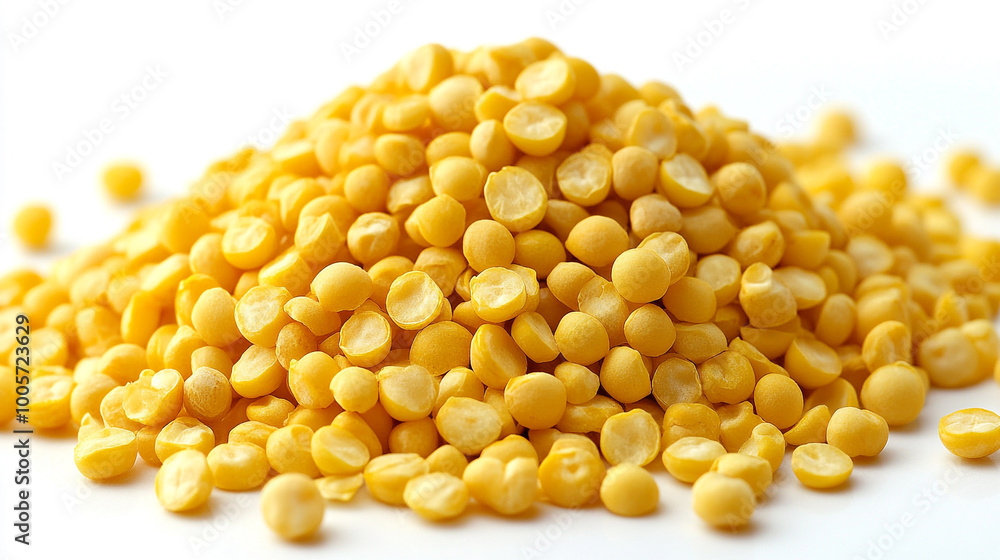 A vibrant pile of yellow split peas, perfect for cooking, garnishing, or showcasing healthy food ingredients. A vibrant pile of yellow split peas, perfect for cooking, garnishing, or showcasing healthy food ingredients.