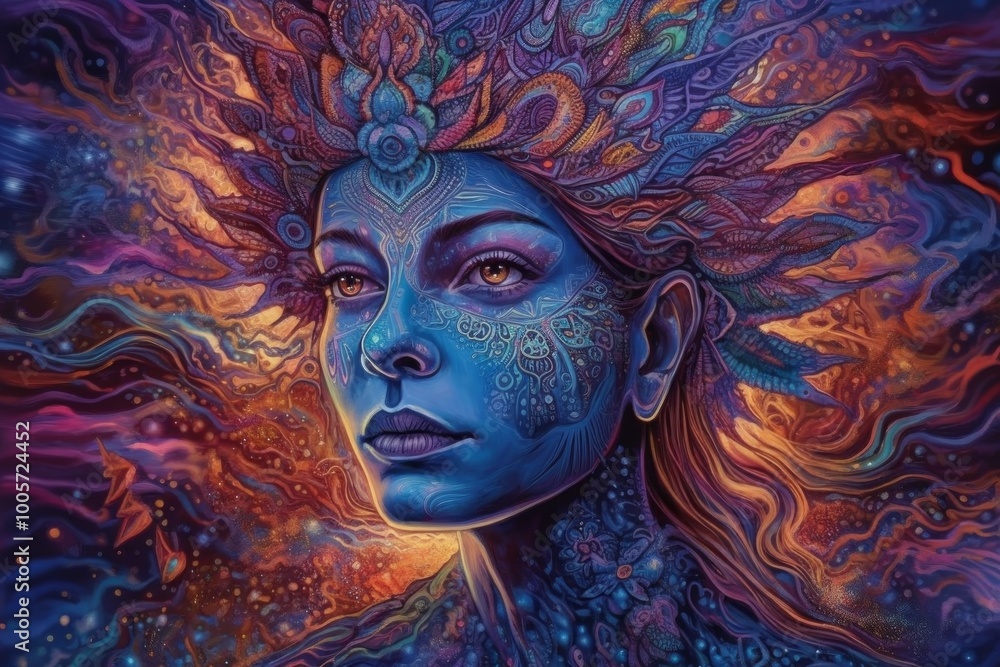 A vibrant, surreal portrait of a woman with intricate patterns. A vibrant, surreal portrait of a woman with intricate patterns.