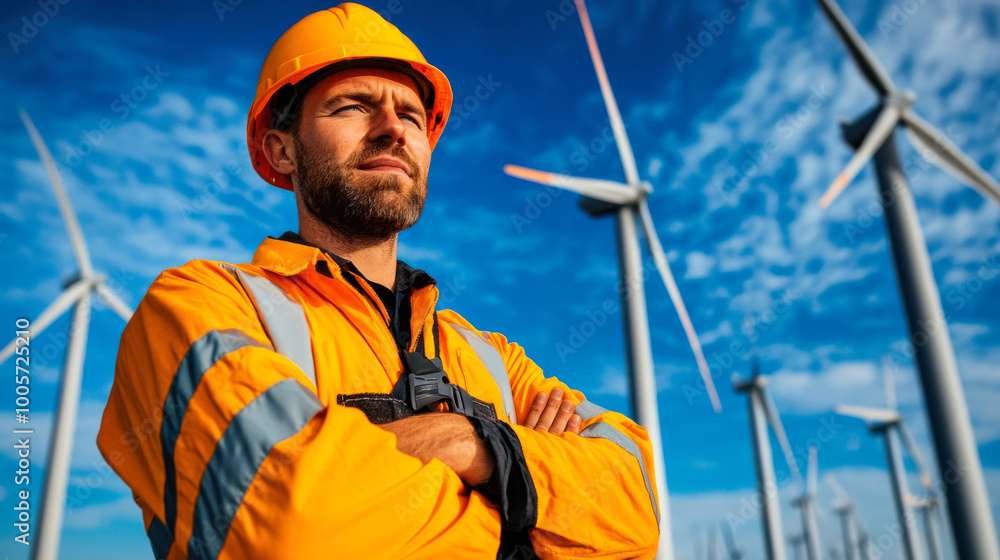 Engineer standing proud at wind farm.