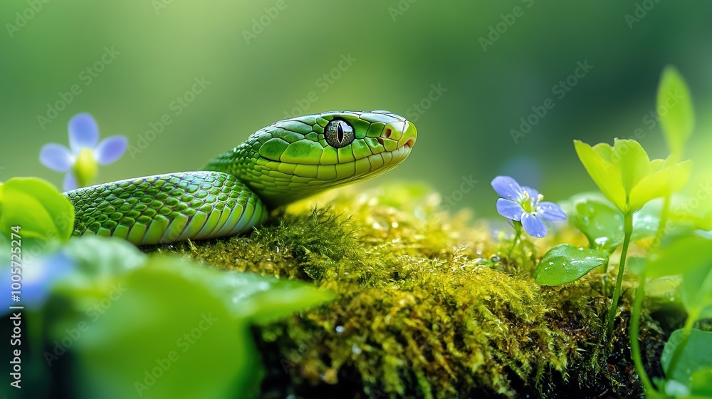Fototapeta premium Green snake resting on moss with flowers.