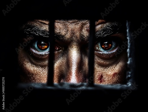 A close-up of intense eyes peering through prison bars, reflecting emotions of despair and confinement. photo