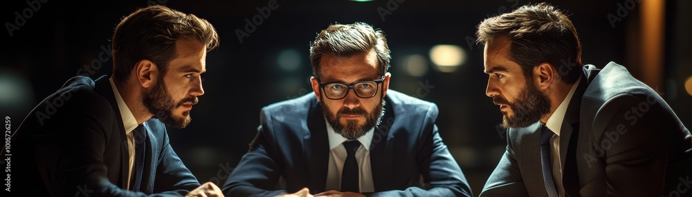 Businessmen in Intense Discussion at Night Meeting in Modern Office Setting Businessmen in Intense Discussion at Night Meeting in Modern Office Setting