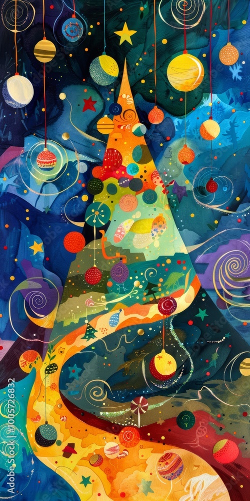 Fototapeta premium A colorful Christmas tree with many ornaments hanging from it. The tree is very tall and has a long, winding trunk. The ornaments are of various shapes and sizes