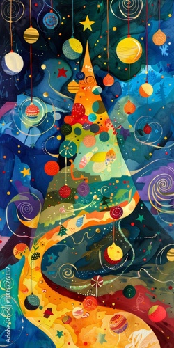 A colorful Christmas tree with many ornaments hanging from it. The tree is very tall and has a long, winding trunk. The ornaments are of various shapes and sizes