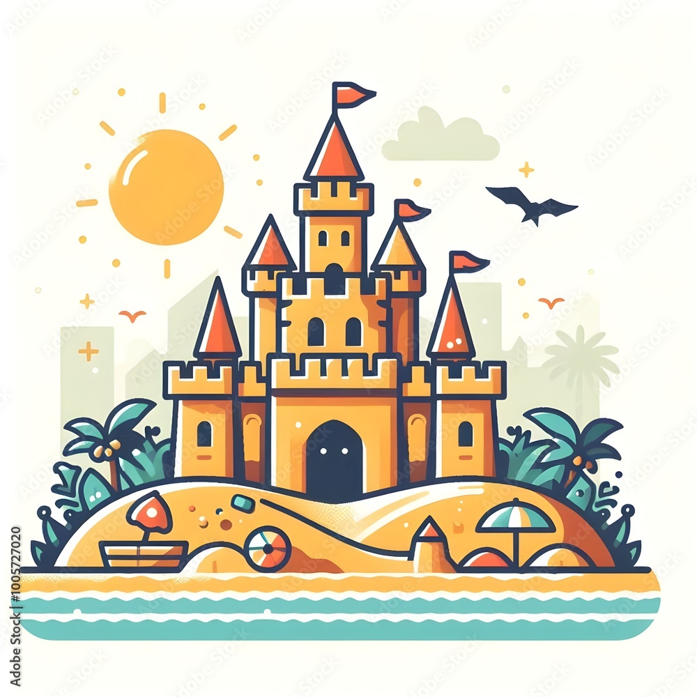 A colorful beach scene featuring a detailed sandcastle surrounded by palm trees, beach toys, and seagulls under a bright sun A colorful beach scene featuring a detailed sandcastle surrounded by palm trees, beach toys, and seagulls under a bright sun