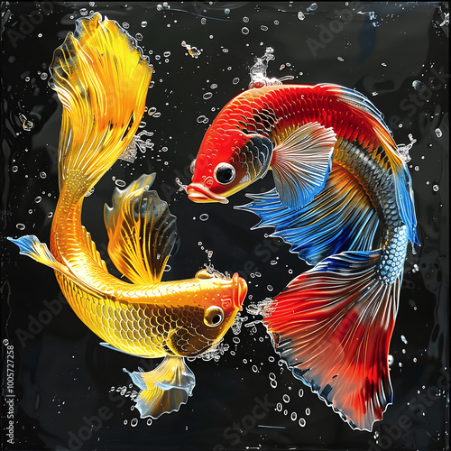 A colorful image illustration of Thai fightingfish swimming in water, featuring tropical and goldfish elements in an underwater scene. photo