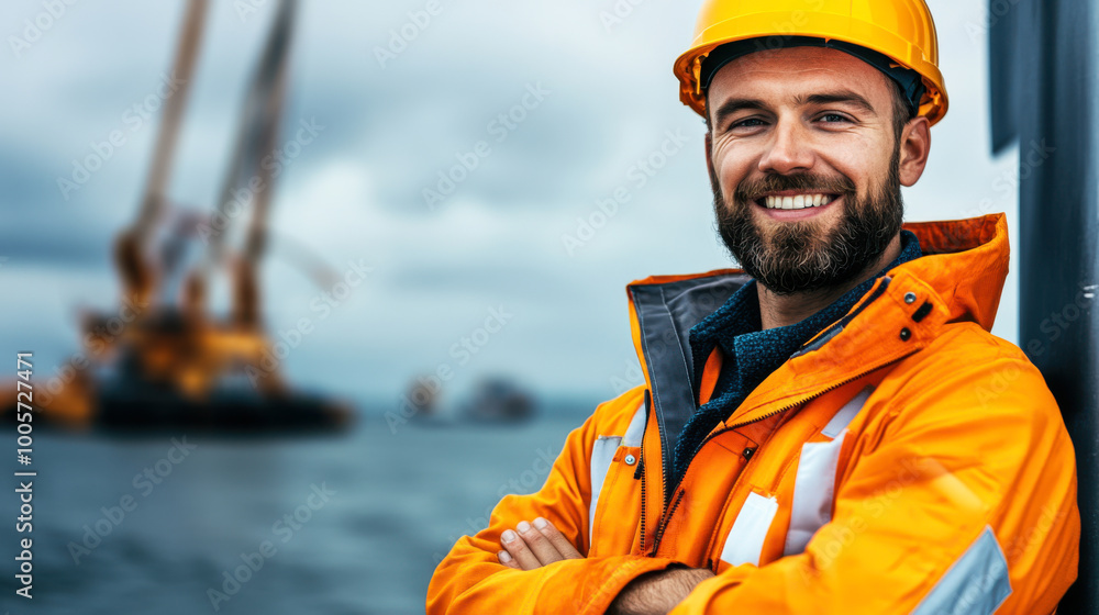 Smiling worker in safety gear by the sea Smiling worker in safety gear by the sea
