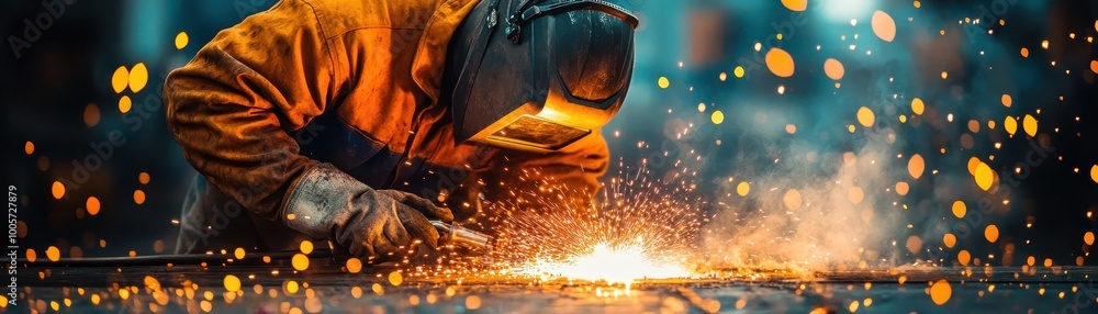 Industrial Welder at Work with Sparks Flying in a Workshop - Captivating Image of Skilled Metalwork Industrial Welder at Work with Sparks Flying in a Workshop - Captivating Image of Skilled Metalwork