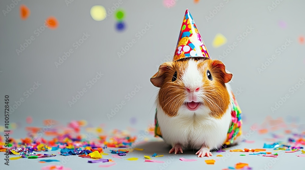 Photo of a Happy Baby Guinea Pig Wearing a Party Hat Photo of a Happy Baby Guinea Pig Wearing a Party Hat