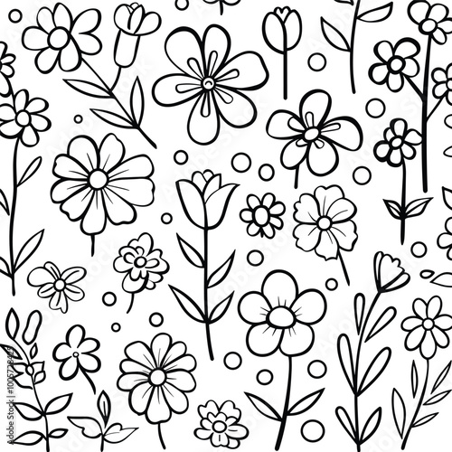 Cute design with flowers coloring page, Hand drawn flat design simple flower outline set.