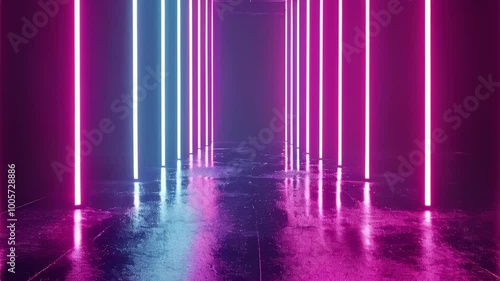 Wallpaper Mural Vibrant neon lights, alternating between pink and blue, create a symmetrical tunnel with reflections on a glossy, wet floor. this futuristic and dynamic background is ideal for design projects Torontodigital.ca
