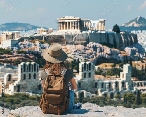 A woman with a backpack admires the view of a historic site. AI. photo