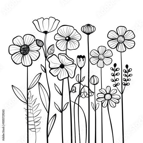 Cute design with flowers coloring page, Hand drawn flat design simple flower outline set.