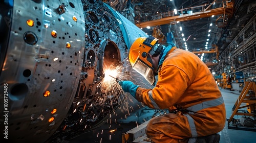 Skilled Technician Professionally Welding the Seams of a Rocket Fuselage with Bright Sparks Illuminating the Gleaming Metallic Surface During the Intense Manufacturing Process