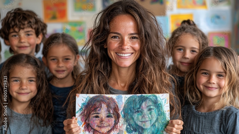 A joyful woman holds children's artwork, surrounded by smiling kids in a colorful setting. A joyful woman holds children's artwork, surrounded by smiling kids in a colorful setting.