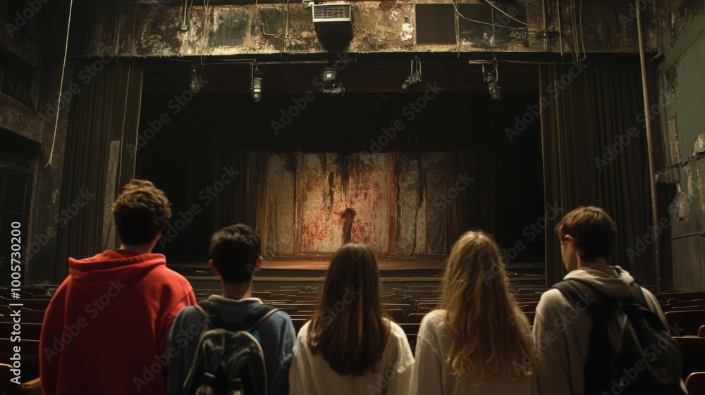 Four Young People Standing in a Theater with a Stage Curtain Pulled Back Four Young People Standing in a Theater with a Stage Curtain Pulled Back