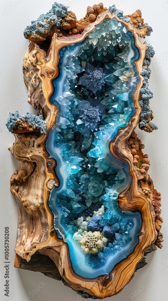 Fototapeta premium Blue Crystal Geode Embedded in Wood: A Stunning Natural Art Piece
