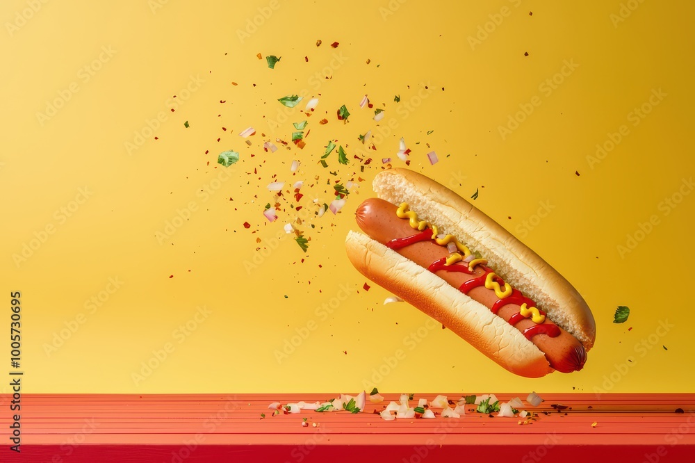 A flying hot dog with mustard and toppings on a vibrant yellow background, showcasing fun and flavor. A flying hot dog with mustard and toppings on a vibrant yellow background, showcasing fun and flavor.