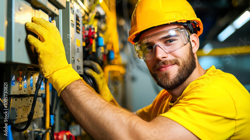 Worker fixing electrical panel in helmet