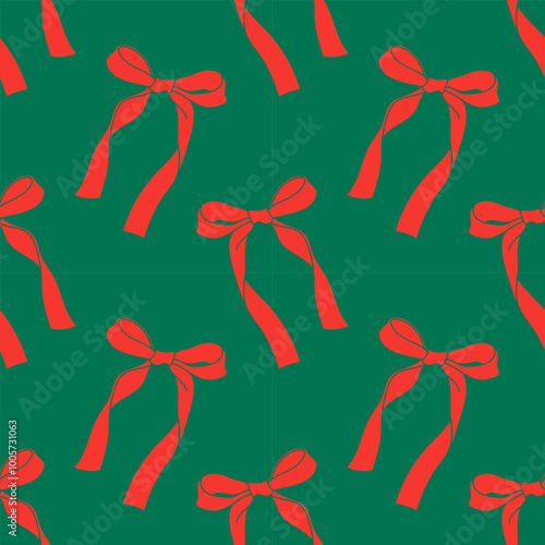 New Year, Christmas 2025. Сoquette core. Seamless print with red bows on a green background for textile, fabric, wallpaper, wrapping.