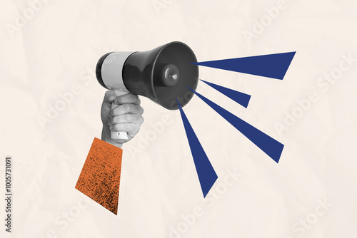 Tableau sur toile Creative collage human hand hold bullhorn loudspeaker announce protest demonstra