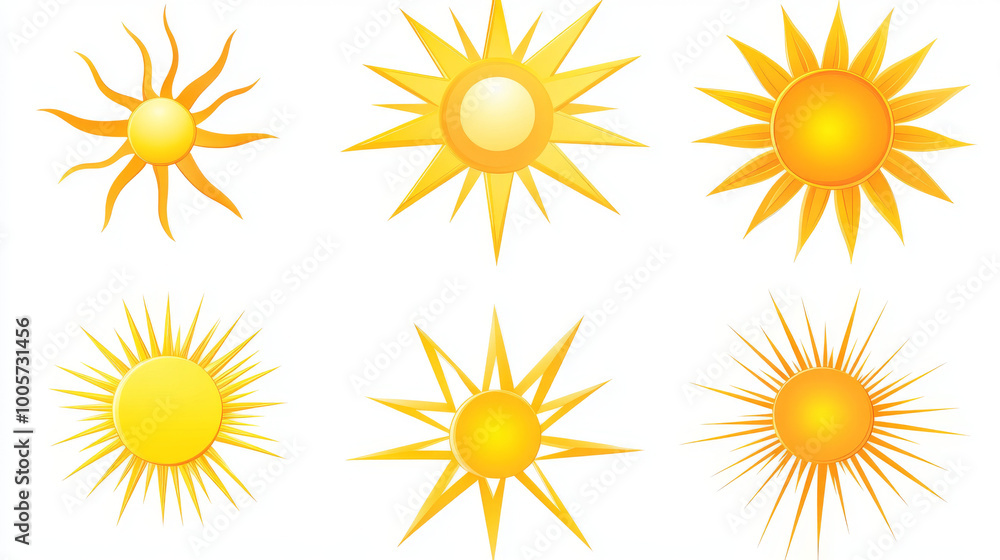 A collection of yellow sun icons, showing the sun shining with rays. These icons are perfect for representing sunshine, warmth, and happiness. A collection of yellow sun icons, showing the sun shining with rays. These icons are perfect for representing sunshine, warmth, and happiness.