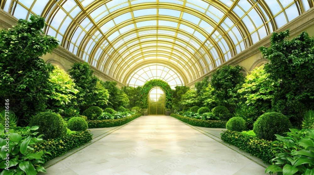 A lush indoor garden with vibrant greenery and soft sunlight streaming through a glass ceiling. A lush indoor garden with vibrant greenery and soft sunlight streaming through a glass ceiling.