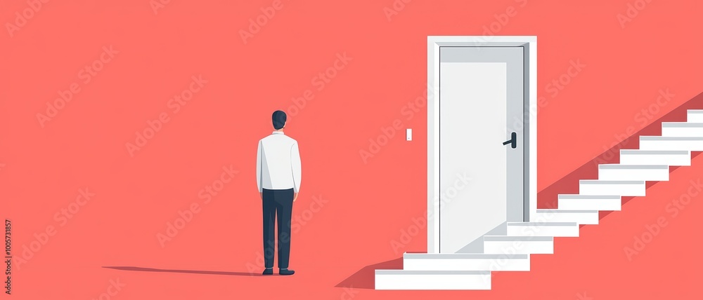 A person stands before an open door and stairs, symbolizing choices and opportunities against a vibrant pink background. A person stands before an open door and stairs, symbolizing choices and opportunities against a vibrant pink background.