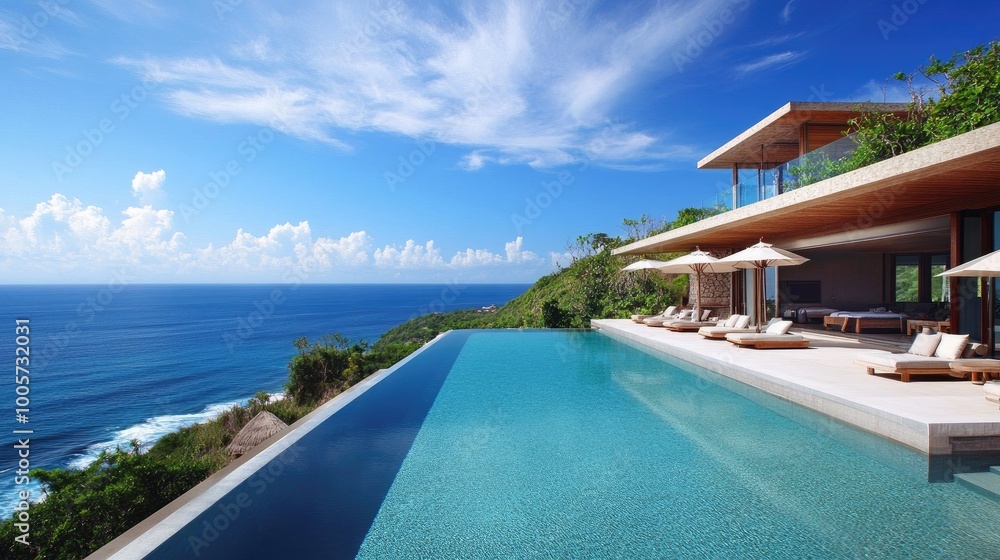 Fototapeta premium Modern villa with infinity pool overlooking the ocean