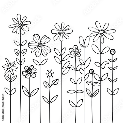 Cute design with flowers coloring page, Hand drawn flat design simple flower outline set.