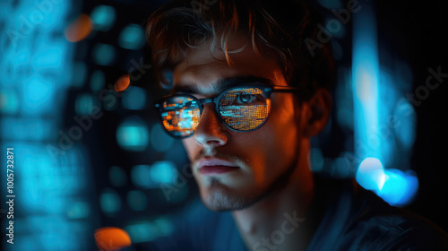 young man with glasses programming on computer screen, lines of code, science, programmer, scientist, future, boy, guy, artificial intelligence, hologram, developer, digital device, display