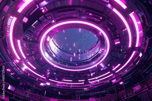 Futuristic circular architecture featuring vibrant purple lighting and sleek design, creating a dynamic space environment. photo