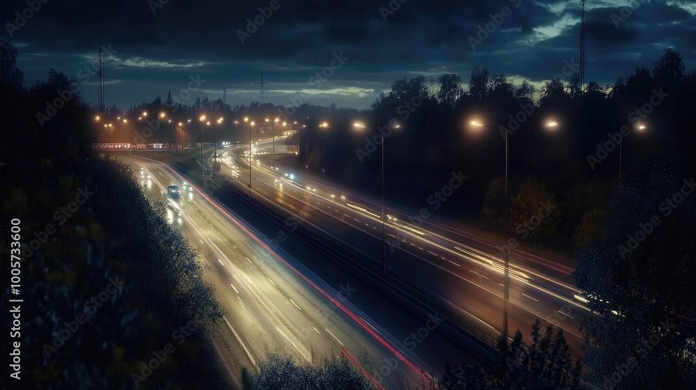 Nighttime Traffic on a Busy Highway with Lights Nighttime Traffic on a Busy Highway with Lights