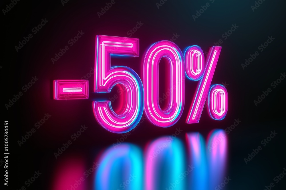 A neon pink and blue -50% sign glowing vibrantly on a dark surface with reflections A neon pink and blue -50% sign glowing vibrantly on a dark surface with reflections