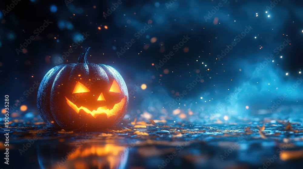 Fototapeta premium Halloween pumpkin lantern with ghost in night scary autumn forest. Spooky celebration background.