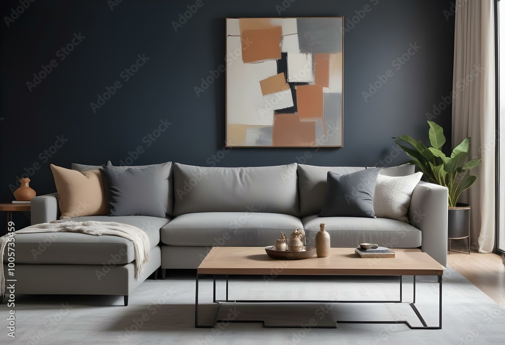 A modern living room with a gray sectional sofa, a wooden coffee table with decorative items, and a large abstract artwork on the wall. A modern living room with a gray sectional sofa, a wooden coffee table with decorative items, and a large abstract artwork on the wall.