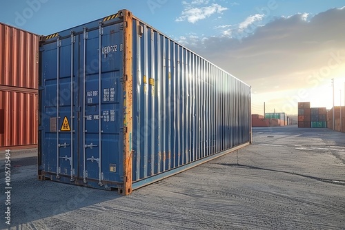 A cargo container stands at the port to be loaded