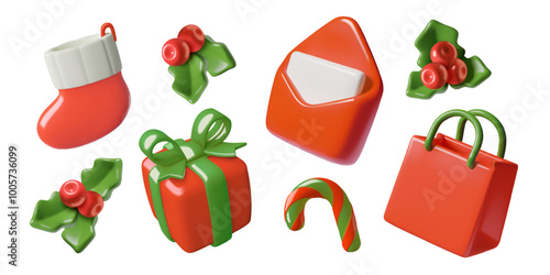 Christmas presents 3d icons set. Stocking, gift box, shopping bag, mail, candy cane and holly berry decorations. 