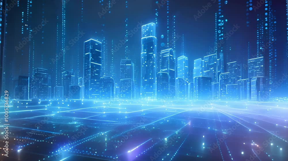 A city skyline filled with multitudes of blue lights shining brightly against the dark night sky, creating a vibrant and energetic atmosphere. A city skyline filled with multitudes of blue lights shining brightly against the dark night sky, creating a vibrant and energetic atmosphere.