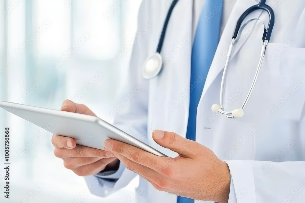 Doctor using a digital tablet in a bright, modern medical office. Doctor using a digital tablet in a bright, modern medical office.