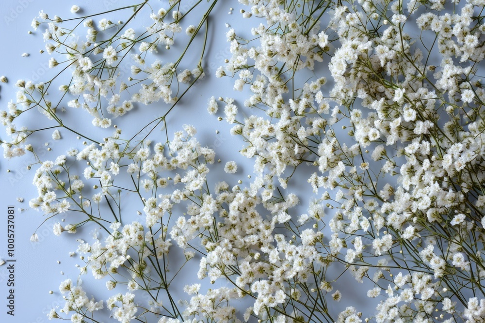 Fototapeta premium Minimalist Gypsophila Bouquet: A Festive Flat Lay in White for Female Celebration Decor