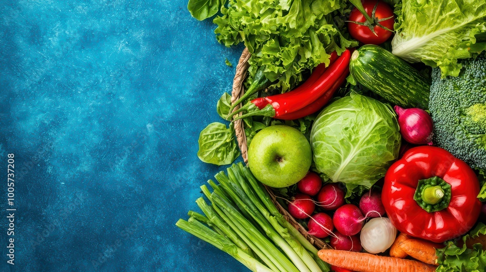 Fresh assorted vegetables including peppers, lettuce, and more on a vibrant blue background. Fresh assorted vegetables including peppers, lettuce, and more on a vibrant blue background.