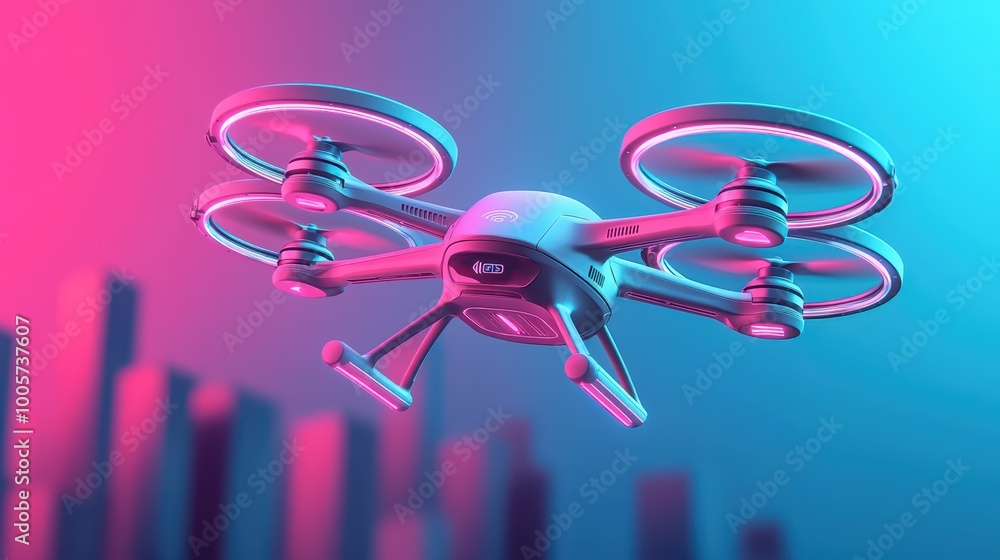 Futuristic drone flying in a vibrant blue and pink background, showcasing advanced aerial technology. Futuristic drone flying in a vibrant blue and pink background, showcasing advanced aerial technology.
