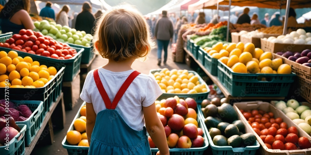 Child back view standing among fresh fruits and vegetables at farmer outdoors market.. Concept of children nutrition. Foods that lift immunity in kids Generative AI Child back view standing among fresh fruits and vegetables at farmer outdoors market.. Concept of children nutrition. Foods that lift immunity in kids Generative AI