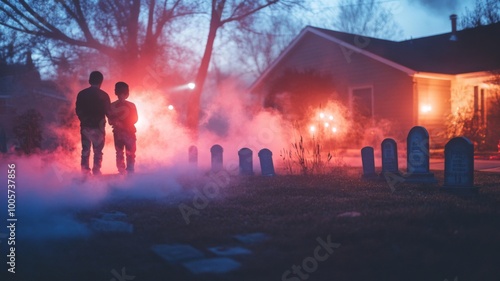 Two Silhouettes Standing in Foggy Graveyard at Night