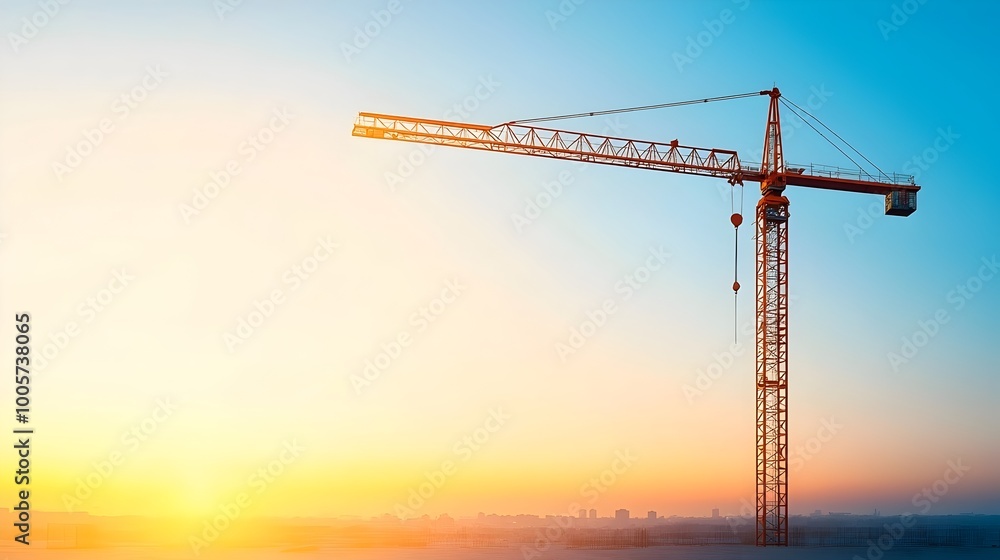 Towering Crane Lifting its Boom to Full Height Casting a Long Dramatic Shadow Across a Busy Construction Site at Sunset with the City Skyline in the Background Towering Crane Lifting its Boom to Full Height Casting a Long Dramatic Shadow Across a Busy Construction Site at Sunset with the City Skyline in the Background