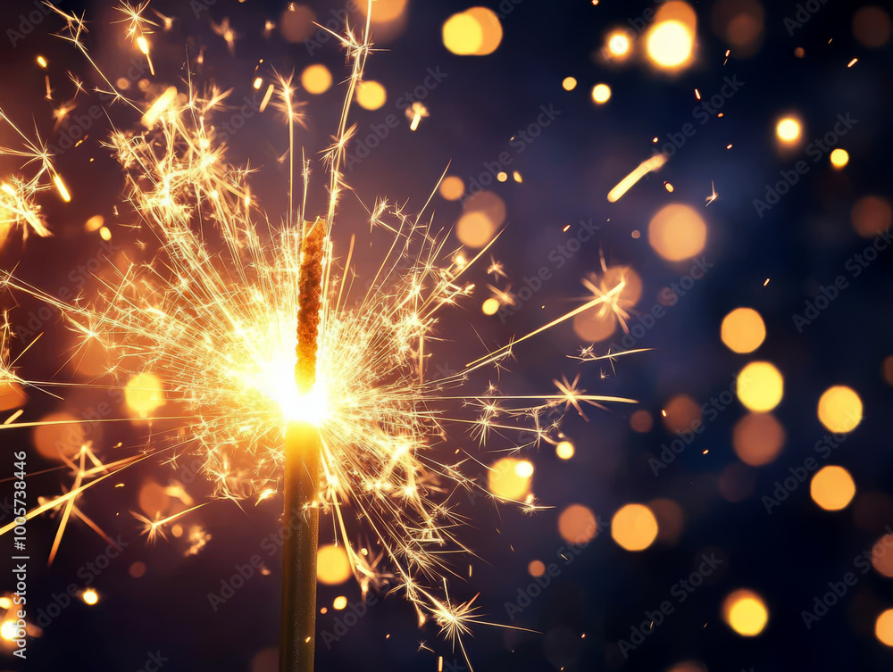 A sparkler is lit and the light is reflected in the dark background. Concept of excitement and celebration A sparkler is lit and the light is reflected in the dark background. Concept of excitement and celebration