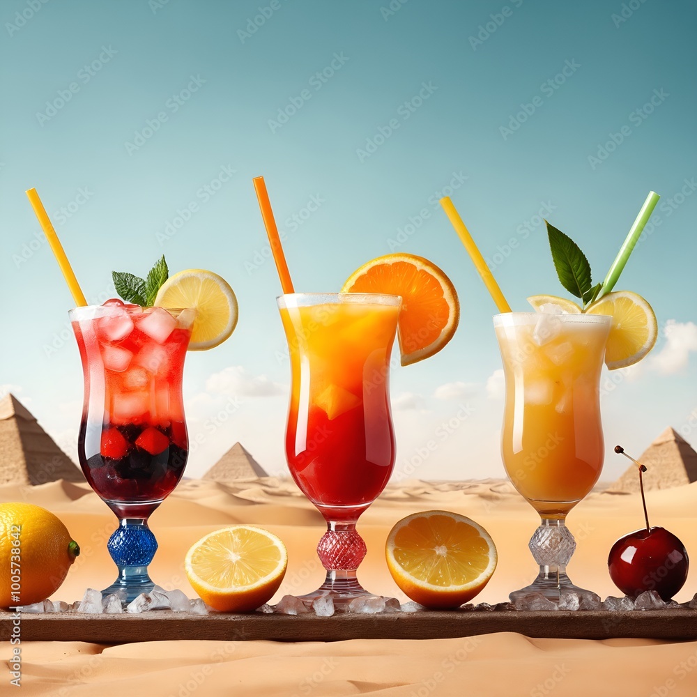 Alkohol cocktails in glasses against pyramid landscape