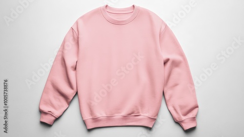 Pink crew neck sweatshirt flat lay on a white studio floor, smooth chest, no creases, styled with subtle sleeve folds, hyper-realistic detail.