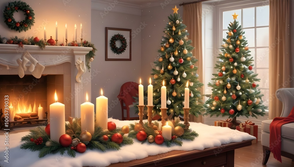 White lit candles surrounded by Christmas decorations, creating an elegant and serene holiday atmosphere, perfect for winter celebrations and festive decor White lit candles surrounded by Christmas decorations, creating an elegant and serene holiday atmosphere, perfect for winter celebrations and festive decor